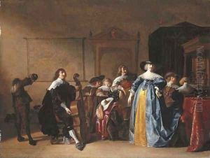 Elegant company in an interior with a gentleman playing the cello