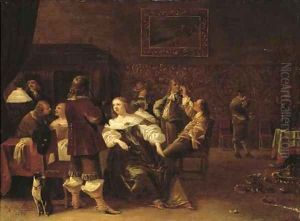 Elegant company making merry in an interior by Anthonie Palamedesz