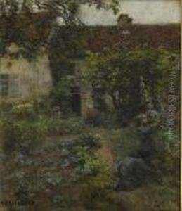 Tradgard Med Flickor Som Plockar Blommor by Leon Augustin Lhermitte