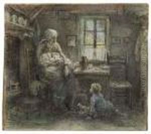 A Peasant Mother And Her Two Children In An Interior by Leon Augustin Lhermitte