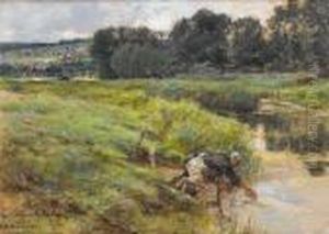 Une Laveuse Au Bord De La Riviere