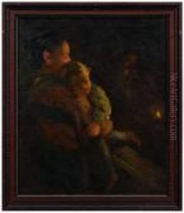 Mother Holding A Child Lit By Candlelight by Leon Augustin Lhermitte