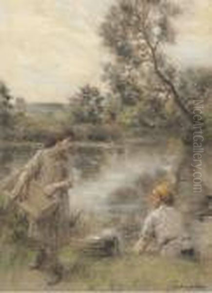 Laveuses, Bord De Marne, Ou Lavandiere Et Sa Fille Au Bord De Lariviere - view 1
