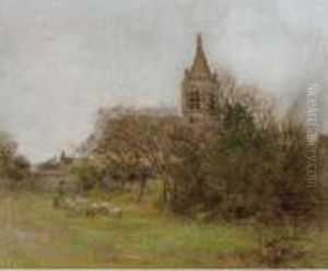'le Clocher De Primelle' - A 
Shepherd And His Flock In The Surroundings Of 
Bourges by Leon Augustin Lhermitte