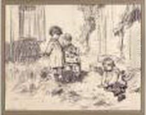 Trois Enfants Jouant Aux Billes by Leon Augustin Lhermitte