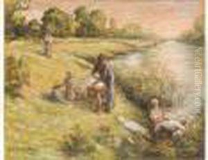 Lavandieres Et Enfants Pres D'une Riviere