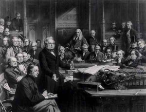 The House of Commons in 1860 Lord Palmerston Addressing the House during the Debate on the Treaty with France, engraved by Falkner, 1863 by John Phillip