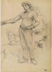 Study Of A Breton Fisherman Standing by Leon Augustin Lhermitte