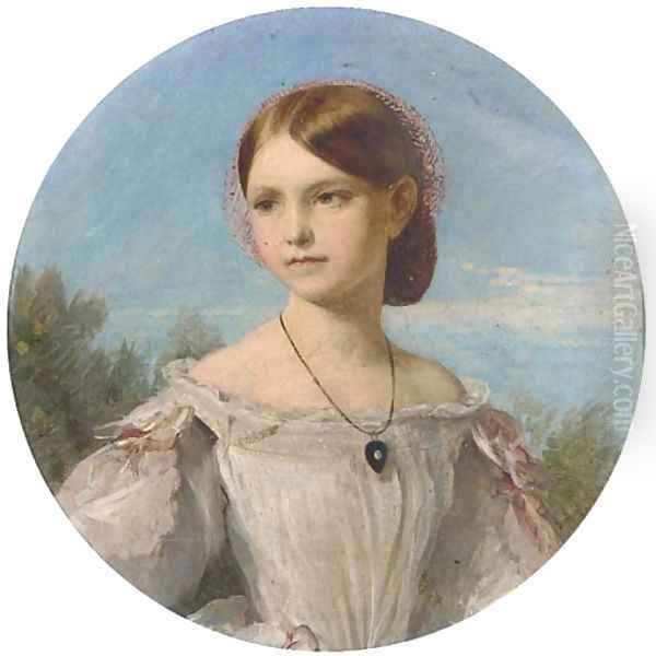 Portrait of Miss Florence Penison, small half-length, in a white dress with pink ribbon sleeves and diamond pendant, painted circle - view 1