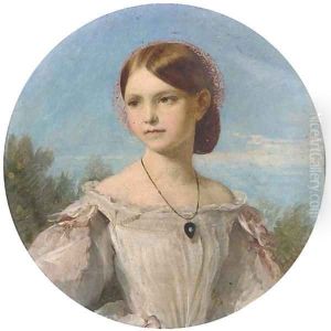 Portrait of Miss Florence Penison, small half-length, in a white dress with pink ribbon sleeves and diamond pendant, painted circle