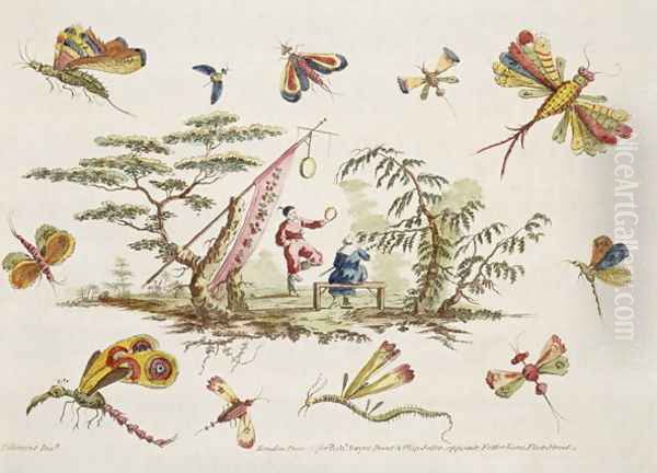 Illustration showing butterflies and two central figures wearing Japanese apparel from For Ladies Amusement..Art of Japanning. Pillement, Jean Baptiste 1728-1808 - view 1