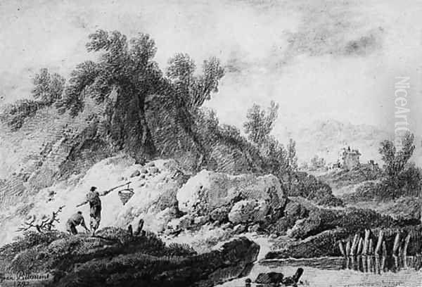 A Landscape with Fishermen by a River; and A Peasant with a Cow and a Sheep resting by a delapidated Tower, a bridge and mountains beyond - view 1