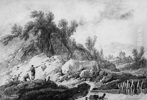 A Landscape with Fishermen by a River; and A Peasant with a Cow and a Sheep resting by a delapidated Tower, a bridge and mountains beyond by Jean-Baptiste Pillement
