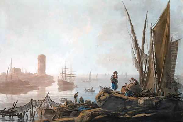 View of the River Tagus with fisherfolk on the shore, numerous vessels and an island with a tower beyond - view 1