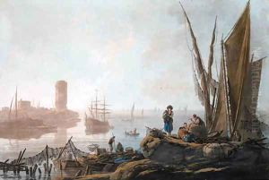 View of the River Tagus with fisherfolk on the shore, numerous vessels and an island with a tower beyond
