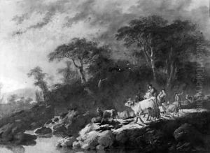 A river landscape with shepherds, cows, goats and sheep in the foreground by Jean-Baptiste Pillement
