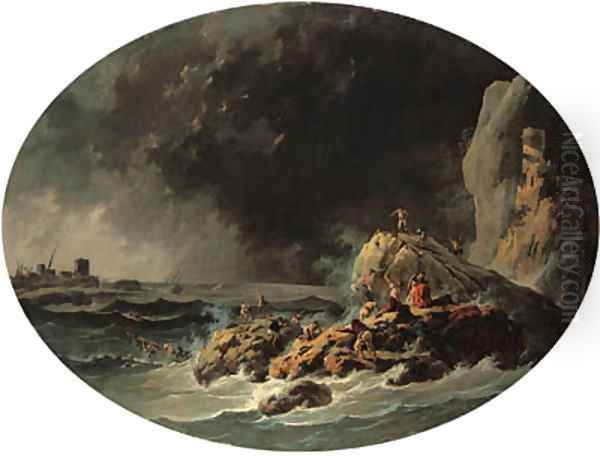 A rocky Coast by the Mouth of the Tagus, with survivors from a shipwreck near a tower - view 1