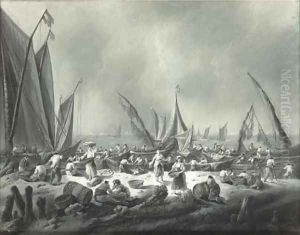 A seascape with fishermen unloading their catch on the shore A seascape with fishermen unloading their catch on the shore