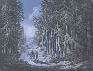 A winter scene with travellers in a wooded landscape by Jean-Baptiste Pillement