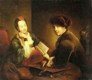 Portrait of a lady and a gentleman seated at a table in an interior