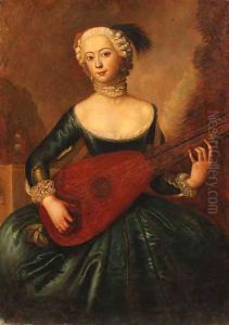 Portrait of a lady, three-quarter-length, in a blue dress, playing a lute