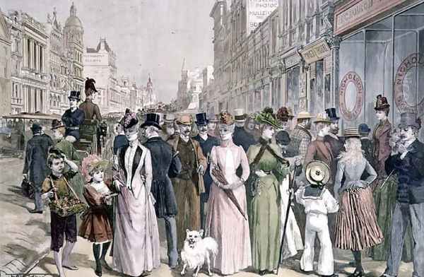 The Block in Collins Street, Melbourne, from a sketch by Melton Prior 1845-1910, engraved by P. Naumann for the Illustrated London News, 4th January 1890 - view 1