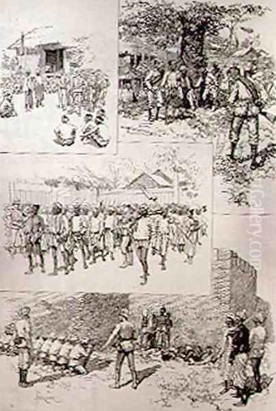 Sketches in Burmah Searching for Dacoits; Finding Dacoits; Marching Dacoits to Prison; Shooting Dacoits Outside the City Walls at Mandalay, from The Illustrated London News, 20th March 1886 - view 1