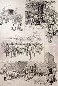 Sketches in Burmah Searching for Dacoits; Finding Dacoits; Marching Dacoits to Prison; Shooting Dacoits Outside the City Walls at Mandalay, from The Illustrated London News, 20th March 1886