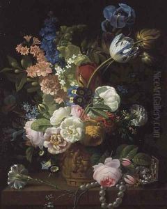 A Still Life of Roses, Tulips, Carnations, Stocks and Other Flowers in a Decorative Urn, Resting on a Stone Ledge by Jean-Louis Prevost