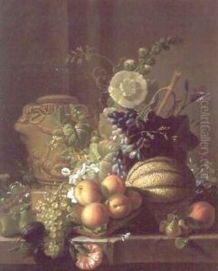 A Still Life of a Melon, Peaches, Figs, Plums, Grapes and Other Fruit on a Marble Ledge by Jean-Louis Prevost