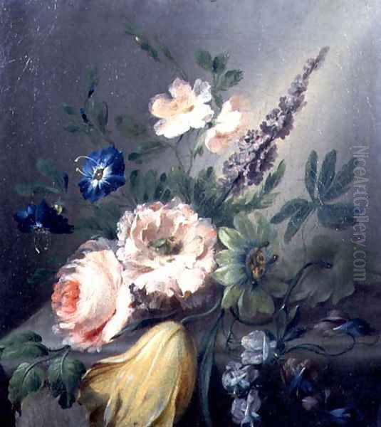 Still life of roses, passion flowers, a tulip and other flowers on a stone ledge - view 1
