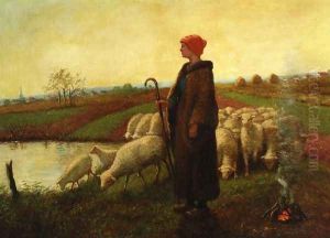 A Shepherdess with her Flock by Aime Perret