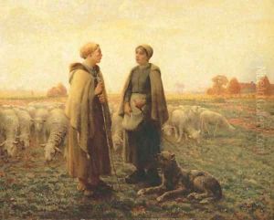 Two Shepherdesses with a Dog by Aime Perret