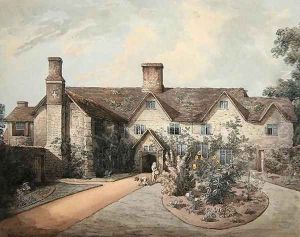 A Boy playing a drum in the garden of a Country House, 1793 by William Henry Pyne