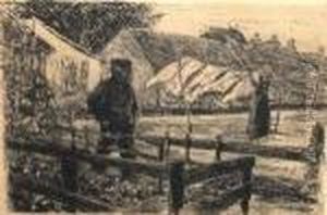 Woman Hanging Out Washing And An Old Man In A Garden