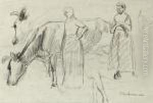 Study With Cow And Farmhands by Max Liebermann