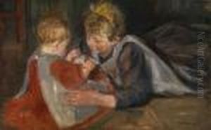 Spielende Kinder - Interieurmit Zwei Kleinen Madchen by Max Liebermann