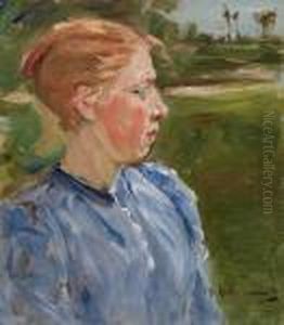Blaues Madchen In Landschaft - Bauernmadchen by Max Liebermann