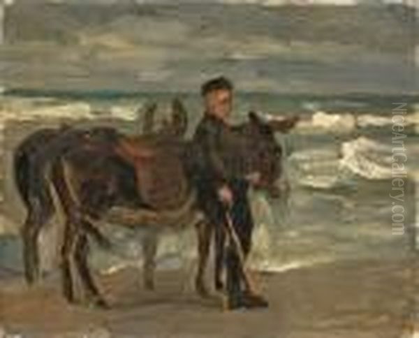 Junge Mit Zwei Reiteseln Am Meer - view 1