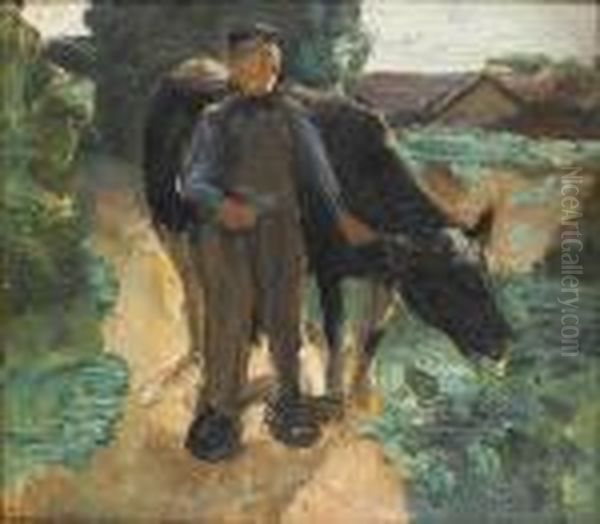 A Farmer With His Cow - view 1