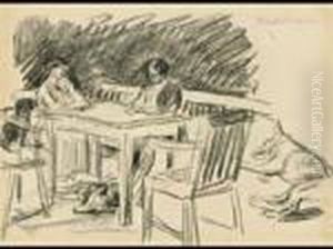 Garten In Wannsee - Die Frau Und Die Tochter Des Kunstlers Amgartentisch by Max Liebermann