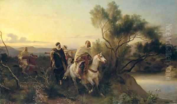 Arab horsemen fording a stream - view 1