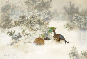 Winter Landscape With Black Grouse And Grey Hen