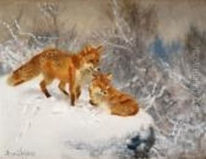 Two Foxes In Winter Landscape by Bruno Andreas Liljefors