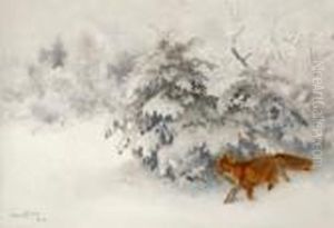 Foxin A Winter Landscape by Bruno Andreas Liljefors