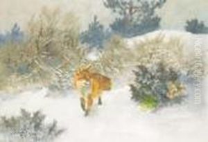 Rav Och Orrhona I Vinterlandskap by Bruno Andreas Liljefors