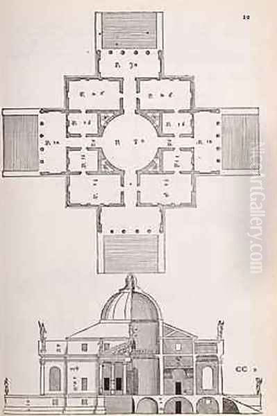 Plan and cross section of Villa Rotunda, illustration from a facsimile copy of I Quattro Libri dellArchitettura written by Palladio, originally published 1570 - view 1