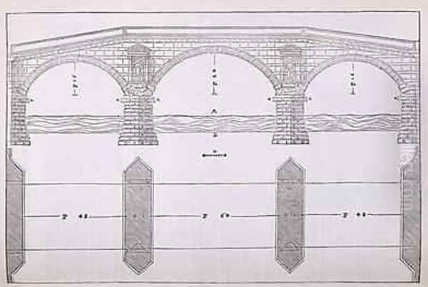 Elevation of a bridge, illustration from a facsimile copy of I Quattro Libri dell'Architettura written by Palladio, originally published 1570 - view 1