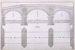 Elevation of a bridge, illustration from a facsimile copy of I Quattro Libri dell'Architettura written by Palladio, originally published 1570 Elevation of a bridge, illustration from a facsimile copy of I Quattro Libri dell'Architettura written by Palladio, originally published 1570