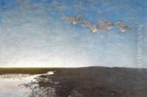 Skymningslandskap Med Strackande Svanar by Bruno Andreas Liljefors